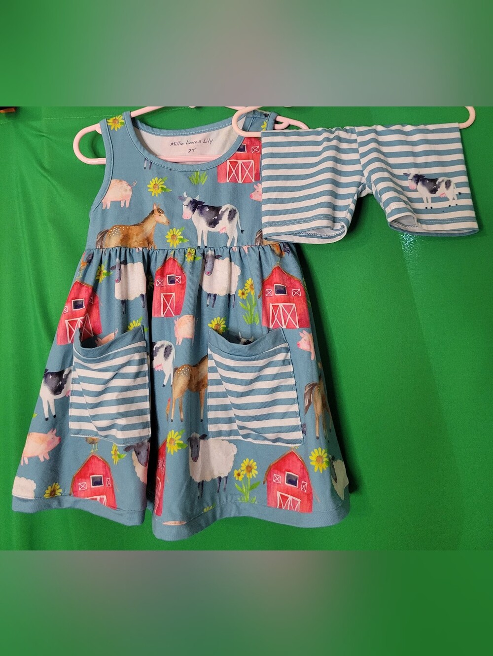 Girls Farm Animal Outfit Sleeveless Dress Striped Shorts Millie Loves Lily Sz 2T